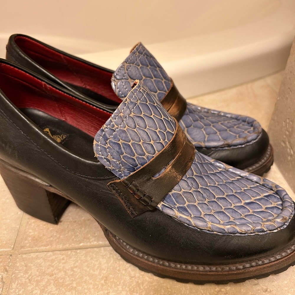 Brown and Blue Chunky Heel Flats